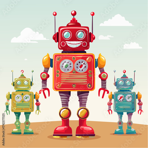 retro robots are standing side by side, vector cartoon illustration
