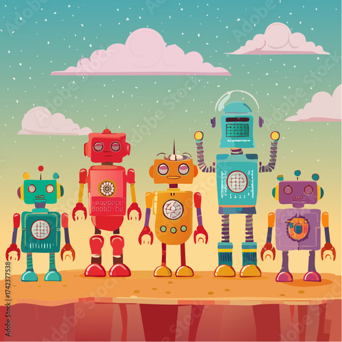retro robots are standing side by side, vector cartoon illustration