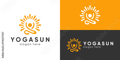 Creative simple yoga sun logo template. People meditate with nature sun logo design vector illustration.
