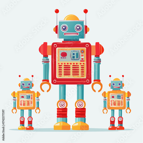 retro robots are standing side by side, vector cartoon illustration