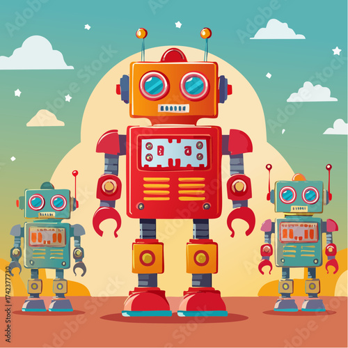 retro robots are standing side by side, vector cartoon illustration
