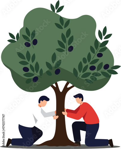 Two people planting tree together environmental care teamwork concept vector illustration in green and red clothing 