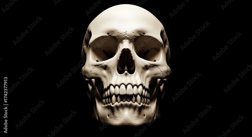 Obraz premium Anatomical skull with teeth on a black background, ideal for medical illustration