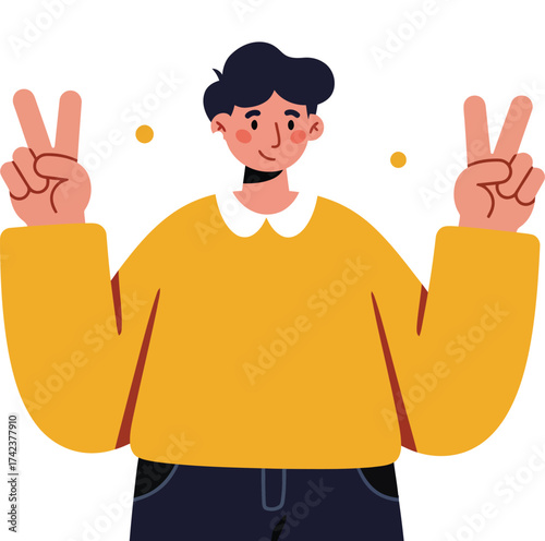 Young man showing peace sign with both hands in casual clothing vector illustration 