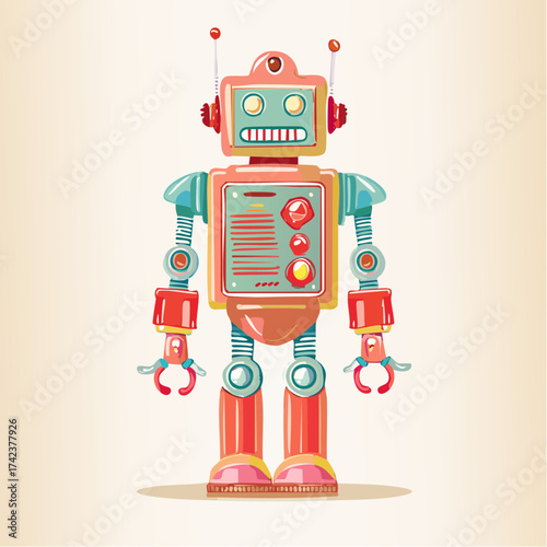 retro robots are standing side by side, vector cartoon illustration