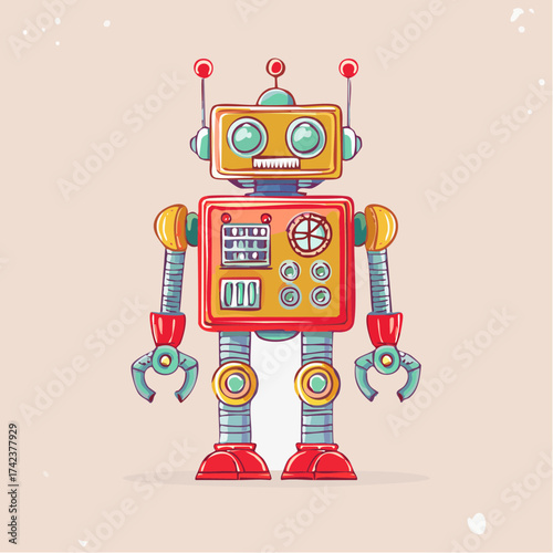 retro robots are standing side by side, vector cartoon illustration