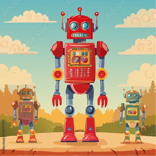 retro robots are standing side by side, vector cartoon illustration