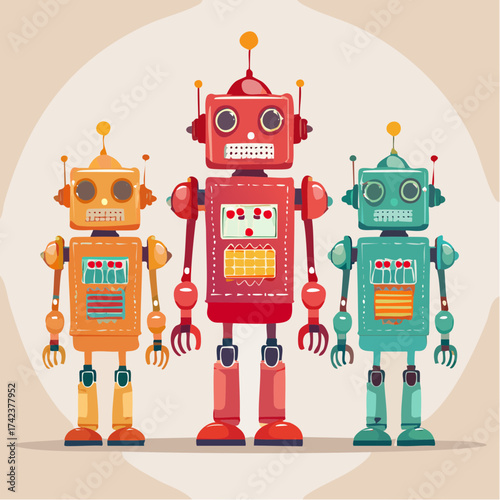 retro robots are standing side by side, vector cartoon illustration