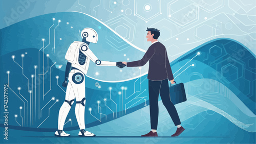 Man in suit shaking hands with a robot against a blue tech background with circuit patterns and waves
