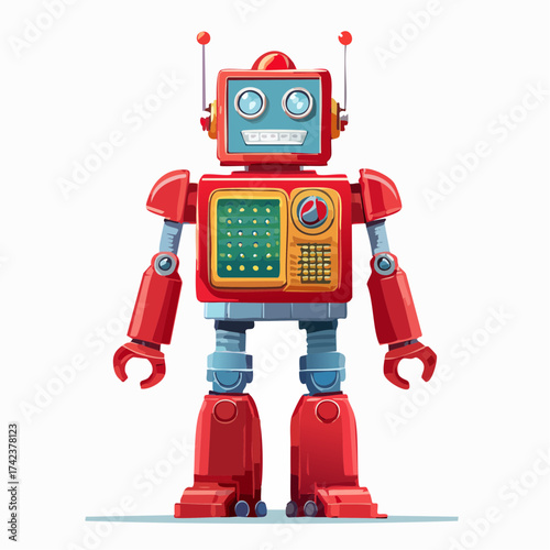 retro robots are standing side by side, vector cartoon illustration