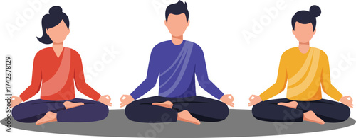 Group of people meditating in lotus position with colorful clothing for mindfulness and relaxation practice vector illustration 
