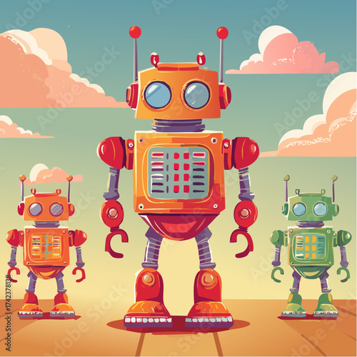 retro robots are standing side by side, vector cartoon illustration