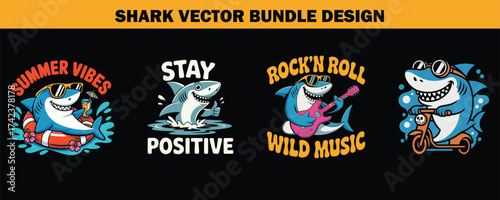 Four cartoon sharks doing summer activities on a black backdrop bundle design