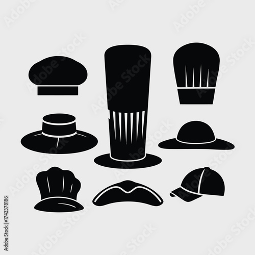 Collection of diverse headwear silhouettes vector icons scalable eps professional culinary and fashion styles silhouette White background
