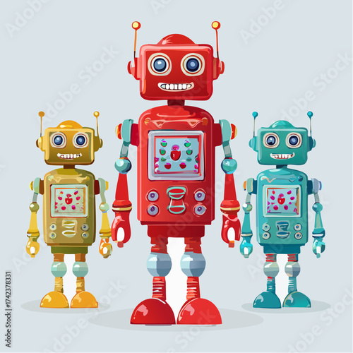 retro robots are standing side by side, vector cartoon illustration