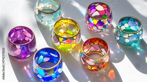 Colorful glass candle holders in a row casting light reflections