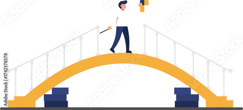 Man Painting Bridge Yellow with Roller Brush in Minimalist Style Vector Illustration 