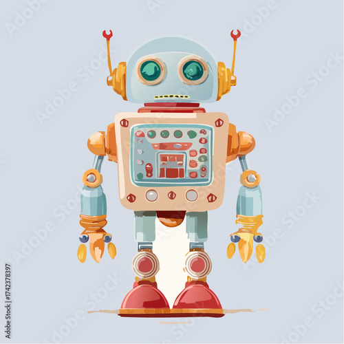 retro robots are standing side by side, vector cartoon illustration