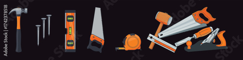 Illustration showing an assortment of tools on a dark background bundle design