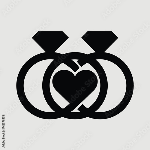 Vector icon set of two black wedding rings intertwined with a heart for declarative design silhouette White background