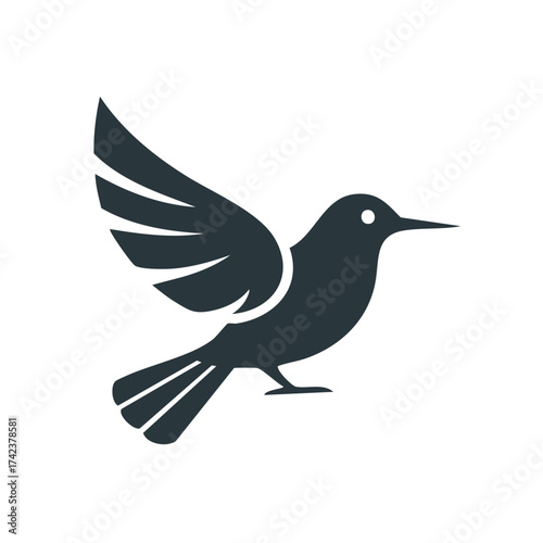 Stylized Bird Graphic in Flight with Open Wing Silhouette Design on White for Nature and Animal Themes
