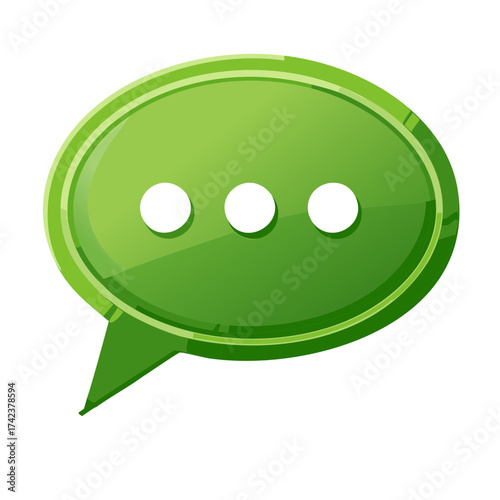 Glossy green speech bubble icon with an ellipsis for messaging and communication