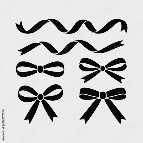 Elegant black ribbons and bows vector set scalable illustration for declarative designs silhouette White background