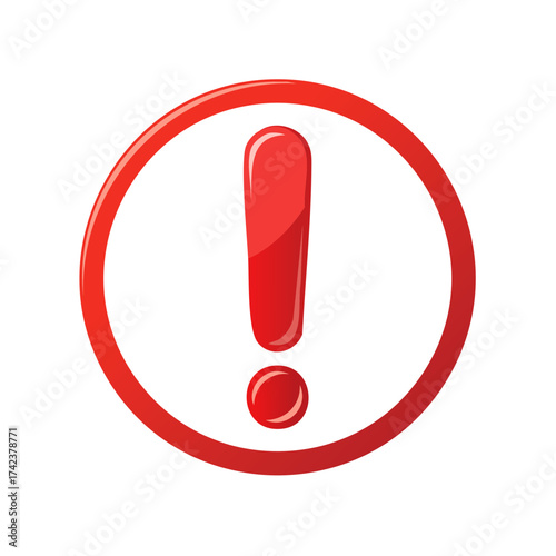 Bright Red Exclamation Point Symbol in Circle Frame, Warning Icon, Danger Sign