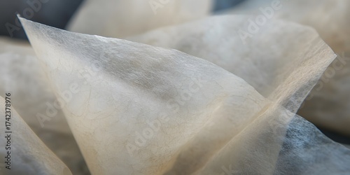 Close up delicate tea bag filters revealing paper texture and fibers