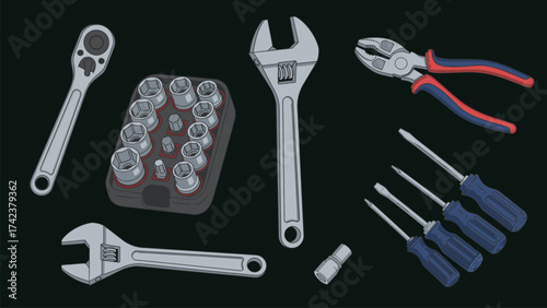 Illustration showcasing various metallic tools on a dark backdrop bundle design