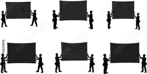 Silhouettes of people holding banners, teamwork concept, protest demonstration, unity symbol, group presentation, occupational silhouettes, vector illustration