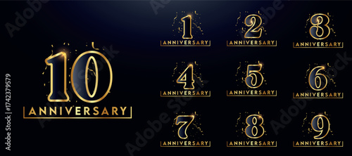 Set of golden anniversary logotypes for celebration events, weddings, greeting cards, and invitations. Gold emblem with a number. Vector illustration