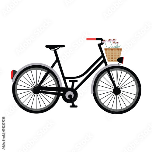 Hand drawn black and white bicycle with basket line art on a clean white background