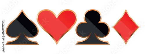 Suit deck of playing cards. Casino icons. Pictograms representing various suits. Vector illustration. Flat design for modern visual elements.