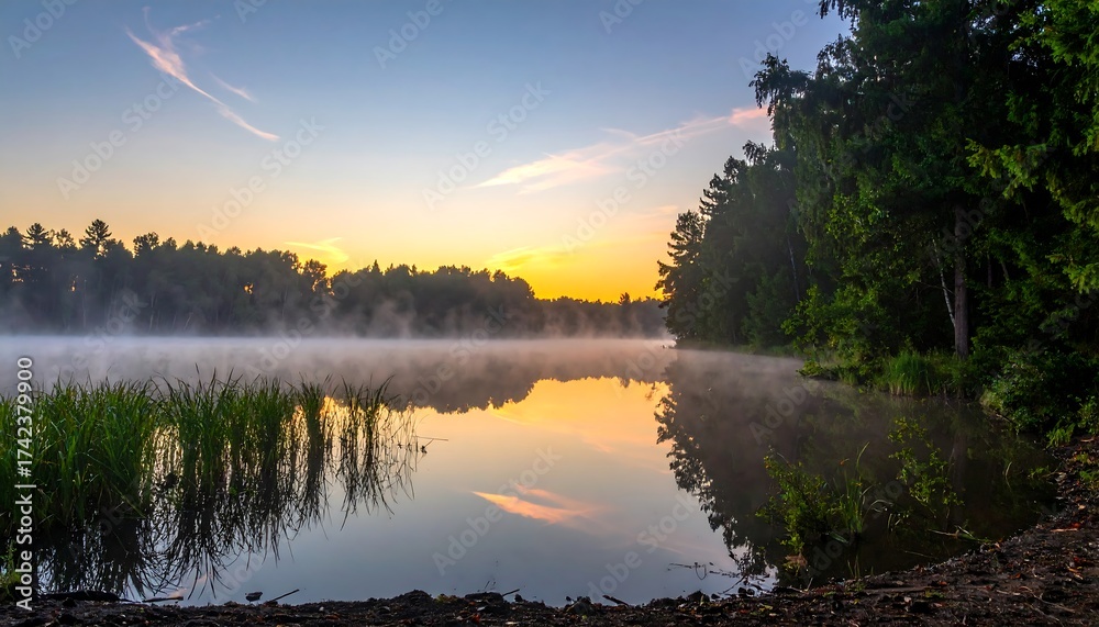 Fototapeta premium Serene Lake at Dawn - A Misty Reflection of Natures Beauty.