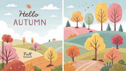 Two autumn scenes with colorful trees, rolling hills, and a sky with clouds and birds in a cartoon style