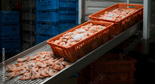 Fresh Shrimp in Orange Baskets on Conveyor Belt in Seafood Processing Plant