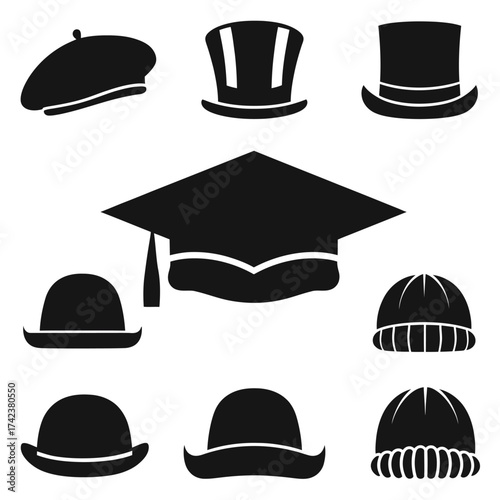 Diverse headwear collection vector illustration scalable eps icons set of fashionable hats silhouette White background