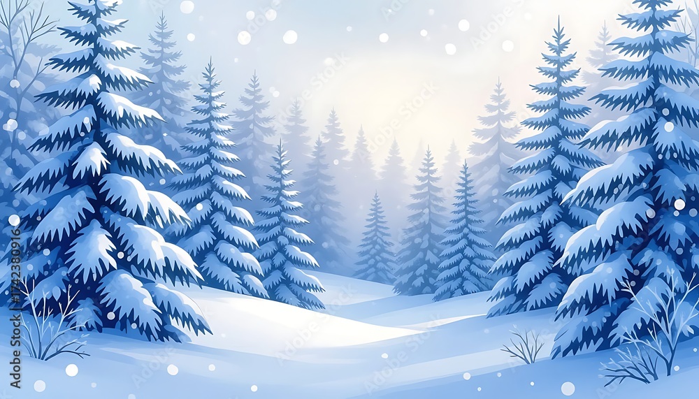 Obraz premium Magical Christmas snowy forest background, pine trees covered with snow