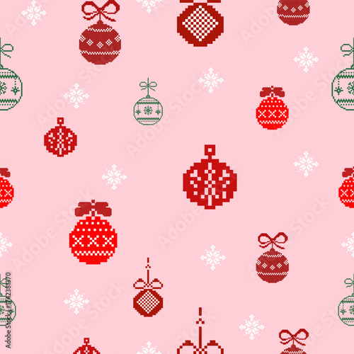 Festive pattern with assorted Christmas ornaments and scattered snowflakes — perfect for holiday designs.