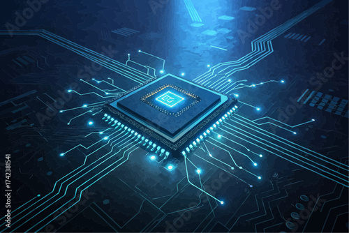 Detailed image of a glowing blue computer chip with intricate circuit patterns and connections visible