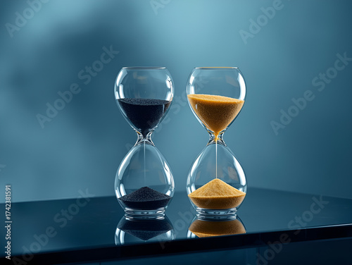 Two Transparent Glass Hourglasses with Black and Yellow Sand on a Reflective Surface Elegant Blue Background Symbol of Time and Balance