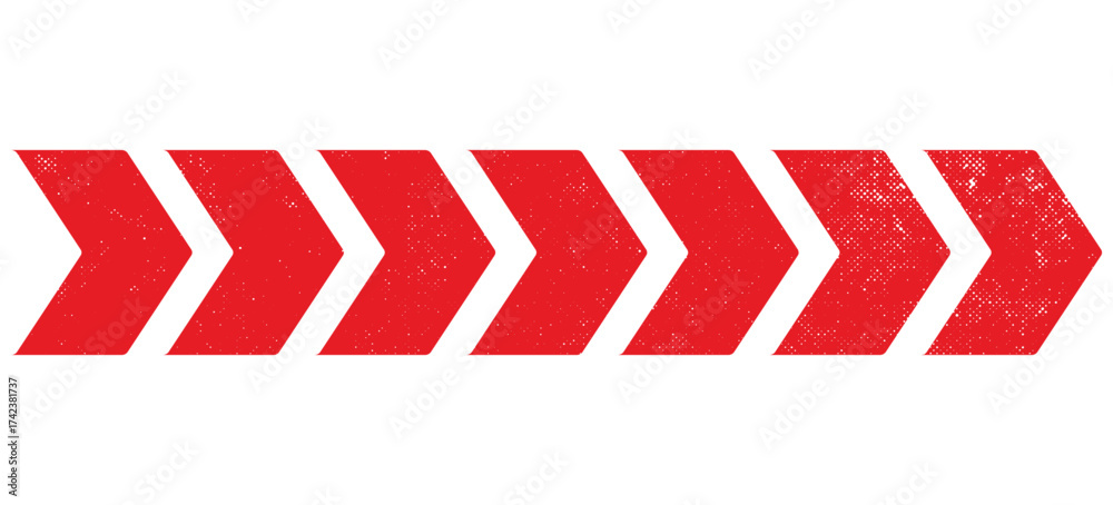 Fototapeta premium Arrow red chevron symbol. Warning striped arrow. Safety type.Isolated on white background. Vector illustration