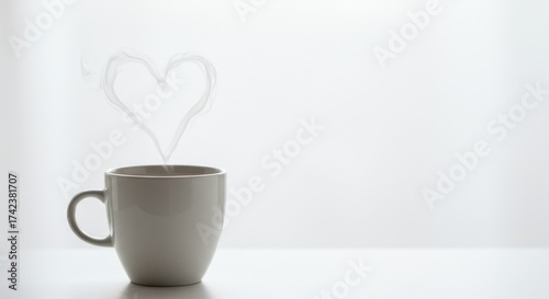 Steaming cup of coffee with heart-shaped steam on a light background
