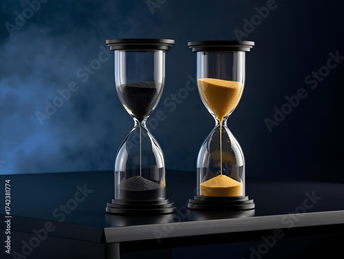 Two Transparent Glass Hourglasses with Black and Yellow Sand on a Reflective Surface Elegant Blue Background Symbol of Time and Balance