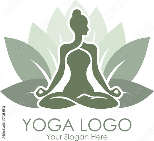 Yoga logo design featuring a woman meditating in the lotus pose, surrounded by green leaves. Ideal for wellness studios, eco-yoga brands, and organic lifestyles.