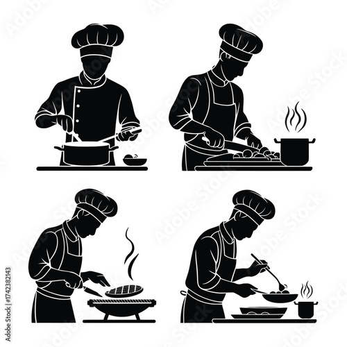 Set of scalable vector illustrations of chefs cooking for diverse culinary projects and designs silhouette White background