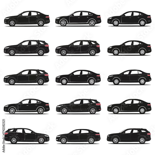 Diverse collection of scalable vector car illustrations for eps files automotive graphic design silhouette White background