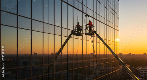 Two Window Cleaners in Safety Gear Working on Modern Glass Building During Sunset