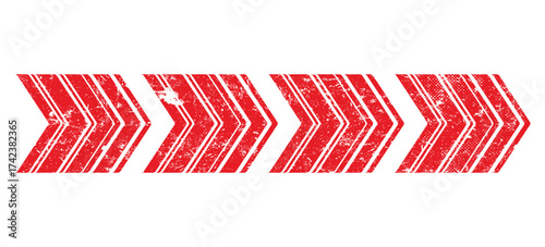Grunge arrow red chevron symbol. Warning striped arrow. Safety type.Isolated on white background. Grunge vector illustration